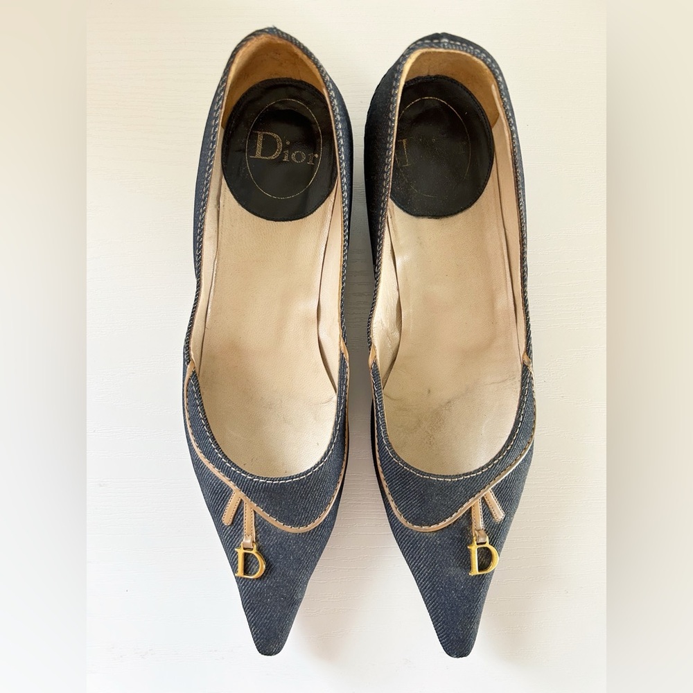 Christian Dior Vintage Saddle Denim Flats Pointed Toe D Charm Size EU 40.5